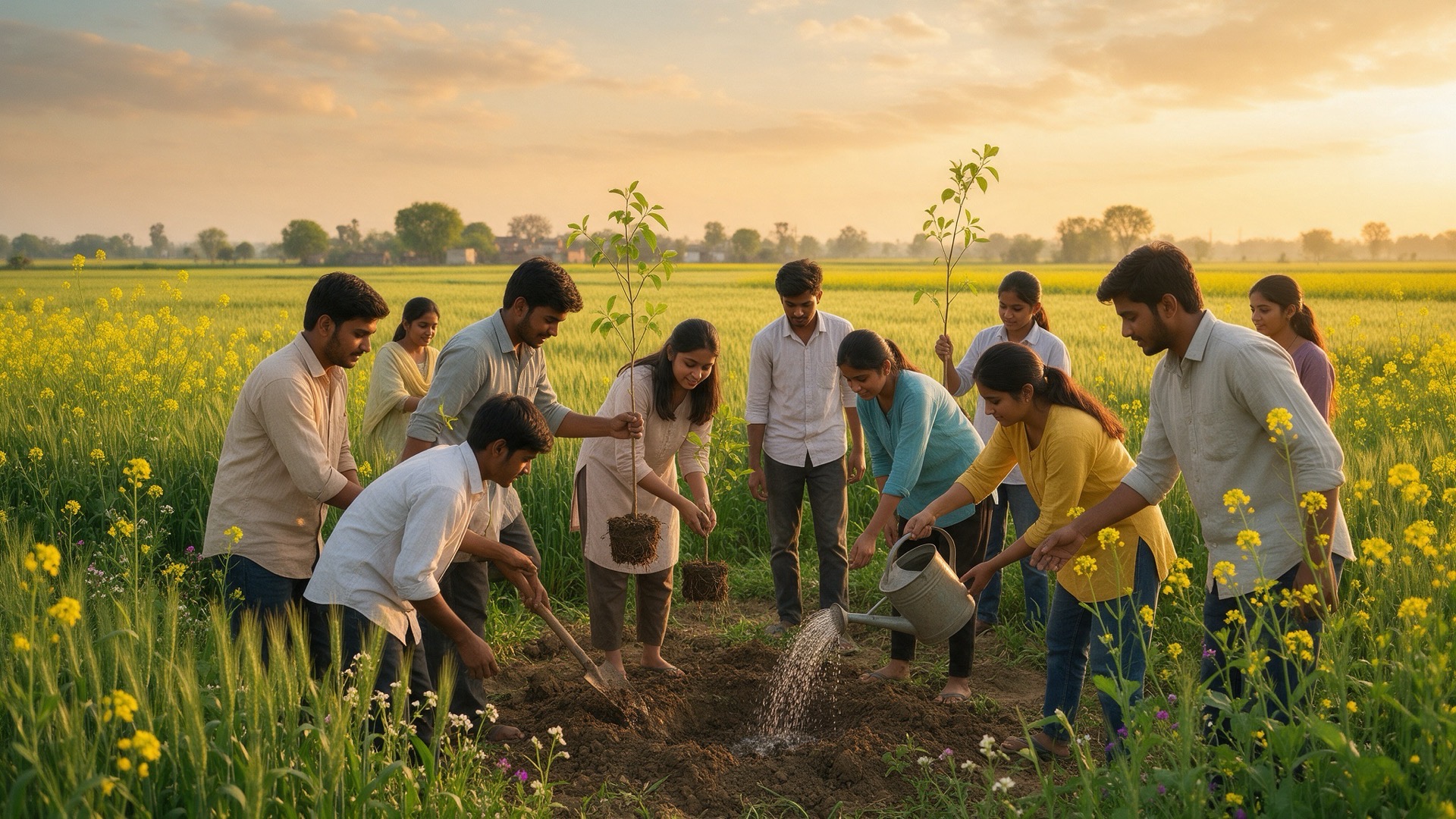 Young volunteers planting saplings in a Punjab field