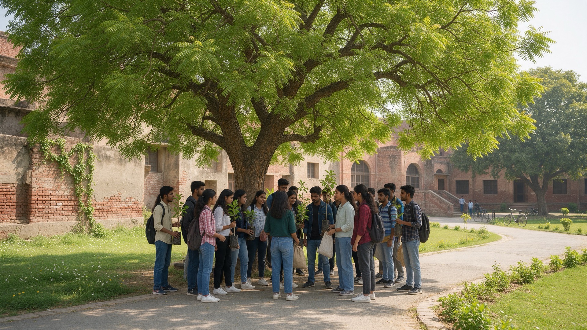 Young people gathered for an environmental drive on a Punjab campus
